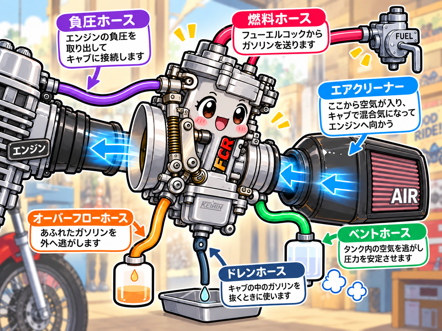 キャブにつながるホースは何？燃料・ベント・ドレン・オーバーフロー・負圧ホースの役割